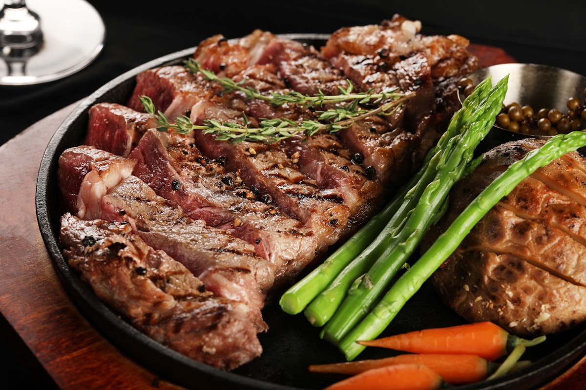 Sizzling steak on a hot lava stone